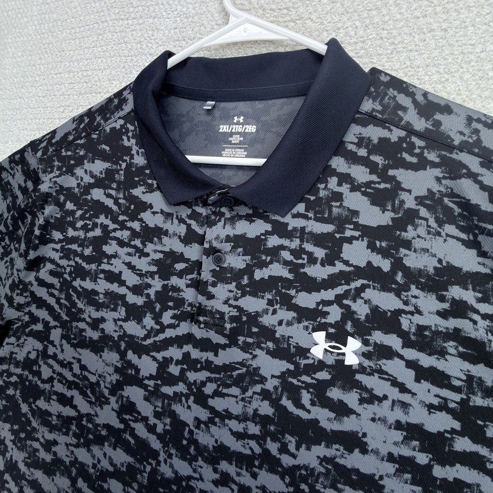 Under Armour Matchplay Printed Polo Shirt Mens 2XL Black Gray Camo Golf